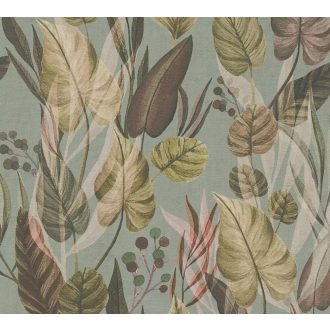   Trópusi paradicsom filodendron levelekkel kompozíció meleg földszínek zöld és rózsaszín tónus tapéta