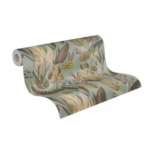 Trópusi paradicsom filodendron levelekkel kompozíció meleg földszínek zöld és rózsaszín tónus tapéta