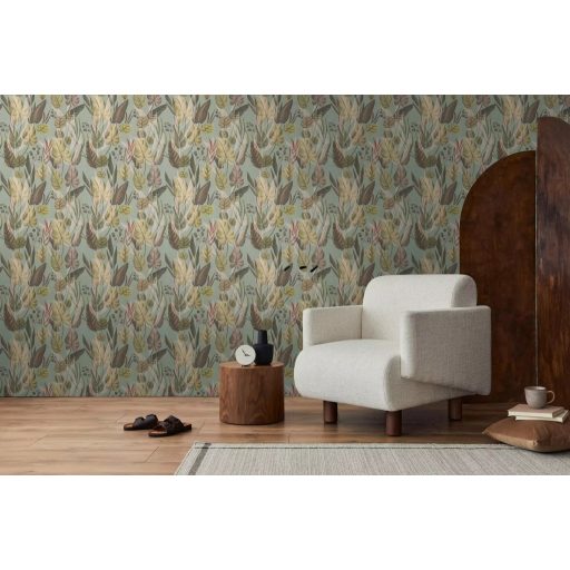 Trópusi paradicsom filodendron levelekkel kompozíció meleg földszínek zöld és rózsaszín tónus tapéta