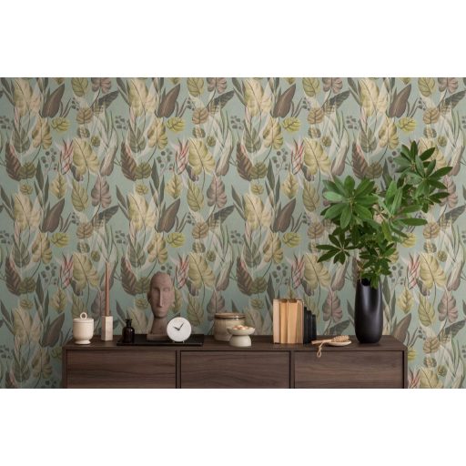 Trópusi paradicsom filodendron levelekkel kompozíció meleg földszínek zöld és rózsaszín tónus tapéta