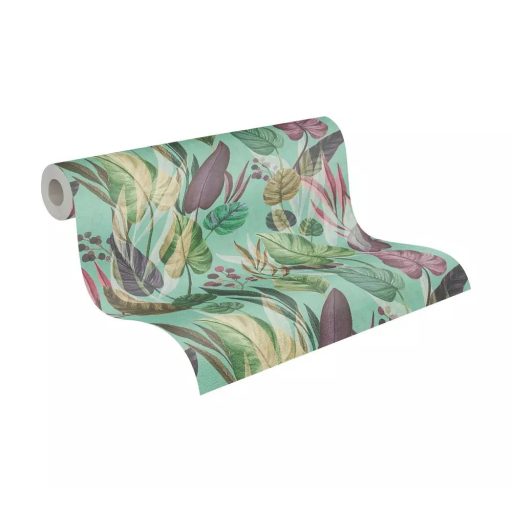 Trópusi paradicsom filodendron levelekkel kompozíció zöld barna rózsaszín lila és liláskék tónus tapéta