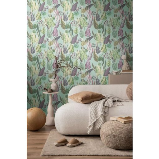 Trópusi paradicsom filodendron levelekkel kompozíció zöld barna rózsaszín lila és liláskék tónus tapéta