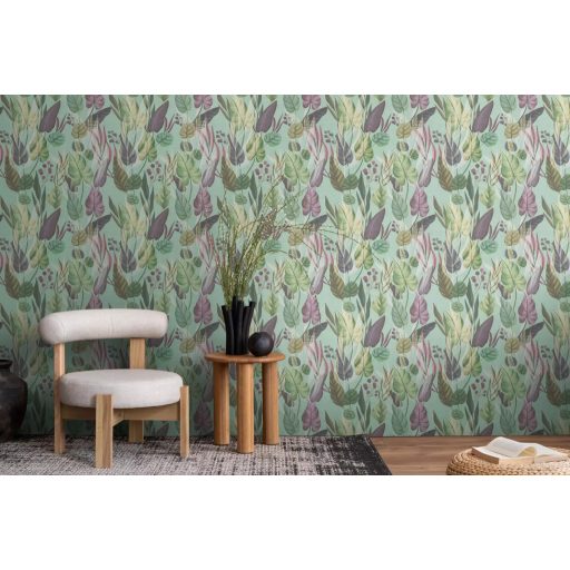 Trópusi paradicsom filodendron levelekkel kompozíció zöld barna rózsaszín lila és liláskék tónus tapéta