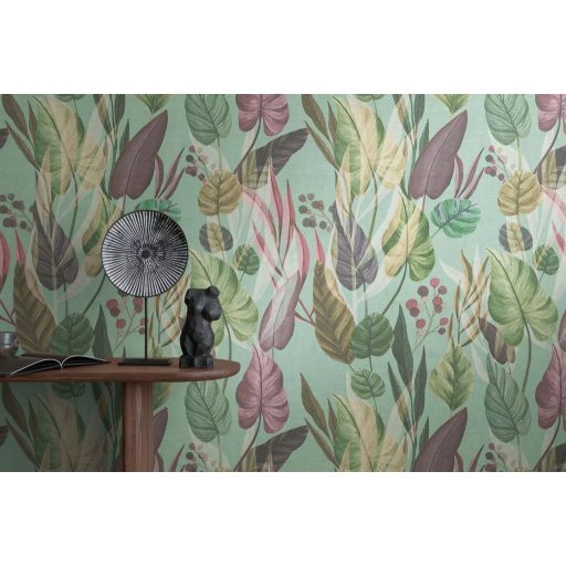 Trópusi paradicsom filodendron levelekkel kompozíció zöld barna rózsaszín lila és liláskék tónus tapéta