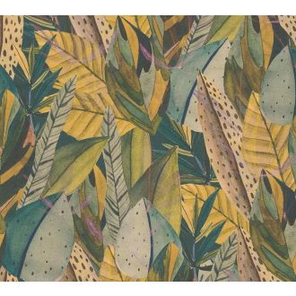   Egzotikus dzsungelvilág! Változatos trópusi levelek organikus dekormintája meleg sárga türkizzöld mélyzöld és arany tónus tapéta