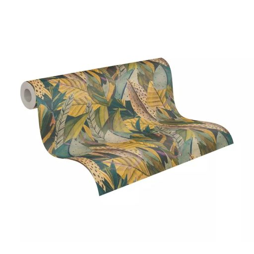 Egzotikus dzsungelvilág! Változatos trópusi levelek organikus dekormintája meleg sárga türkizzöld mélyzöld és arany tónus tapéta