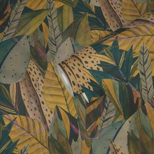 Egzotikus dzsungelvilág! Változatos trópusi levelek organikus dekormintája meleg sárga türkizzöld mélyzöld és arany tónus tapéta