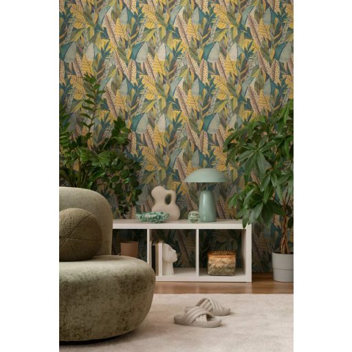 Egzotikus dzsungelvilág! Változatos trópusi levelek organikus dekormintája meleg sárga türkizzöld mélyzöld és arany tónus tapéta
