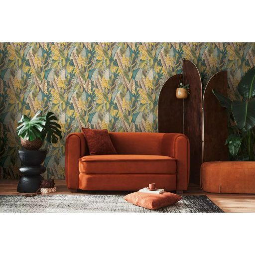 Egzotikus dzsungelvilág! Változatos trópusi levelek organikus dekormintája meleg sárga türkizzöld mélyzöld és arany tónus tapéta