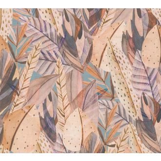   Egzotikus dzsungelvilág! Változatos trópusi levelek organikus dekormintája bézs barna rózsaszín barack és kékesszürke tónus tapéta