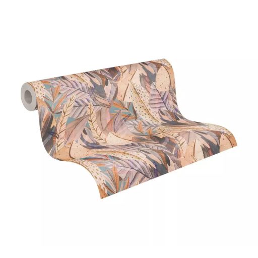 Egzotikus dzsungelvilág! Változatos trópusi levelek organikus dekormintája bézs barna rózsaszín barack és kékesszürke tónus tapéta