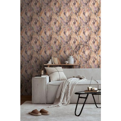 Egzotikus dzsungelvilág! Változatos trópusi levelek organikus dekormintája bézs barna rózsaszín barack és kékesszürke tónus tapéta