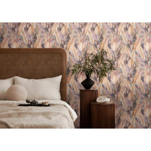 Egzotikus dzsungelvilág! Változatos trópusi levelek organikus dekormintája bézs barna rózsaszín barack és kékesszürke tónus tapéta