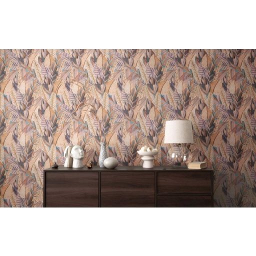 Egzotikus dzsungelvilág! Változatos trópusi levelek organikus dekormintája bézs barna rózsaszín barack és kékesszürke tónus tapéta