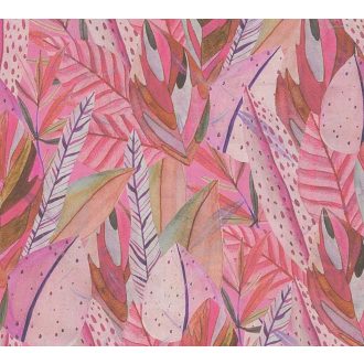   Egzotikus dzsungelvilág! Változatos trópusi levelek organikus dekormintája rózsaszín lila pink és pasztellzöld tónus tapéta