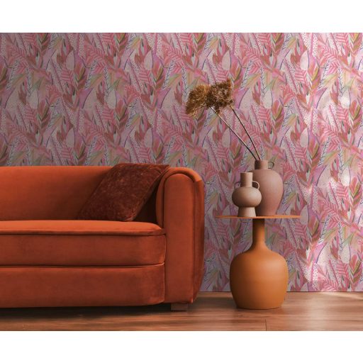 Egzotikus dzsungelvilág! Változatos trópusi levelek organikus dekormintája rózsaszín lila pink és pasztellzöld tónus tapéta