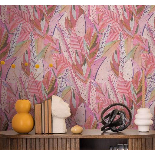 Egzotikus dzsungelvilág! Változatos trópusi levelek organikus dekormintája rózsaszín lila pink és pasztellzöld tónus tapéta