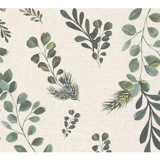   Visszafogott és megejtő szépségű botanikai minta eukaliptusz és fényőágakkal krémfehér zöld szürke és szürkészöld tónus tapéta