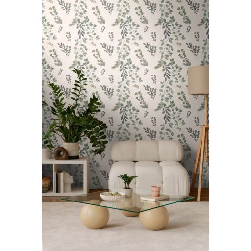 Visszafogott és megejtő szépségű botanikai minta eukaliptusz és fényőágakkal krémfehér zöld szürke és szürkészöld tónus tapéta