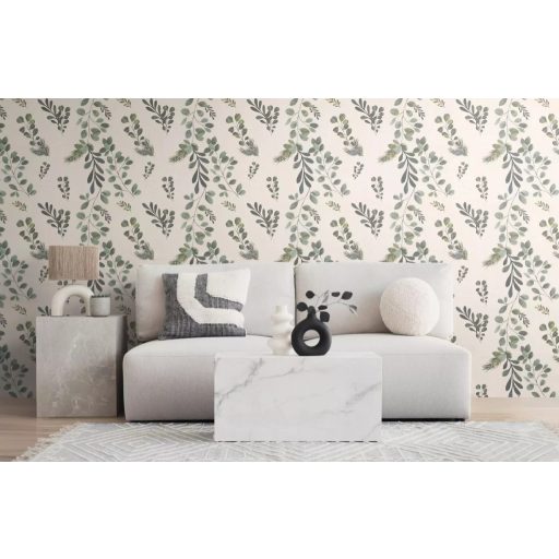 Visszafogott és megejtő szépségű botanikai minta eukaliptusz és fényőágakkal krémfehér zöld szürke és szürkészöld tónus tapéta