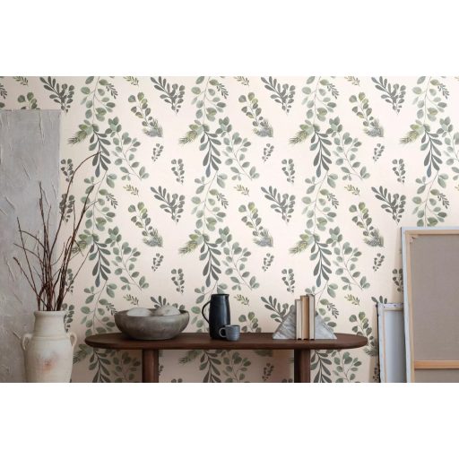 Visszafogott és megejtő szépségű botanikai minta eukaliptusz és fényőágakkal krémfehér zöld szürke és szürkészöld tónus tapéta