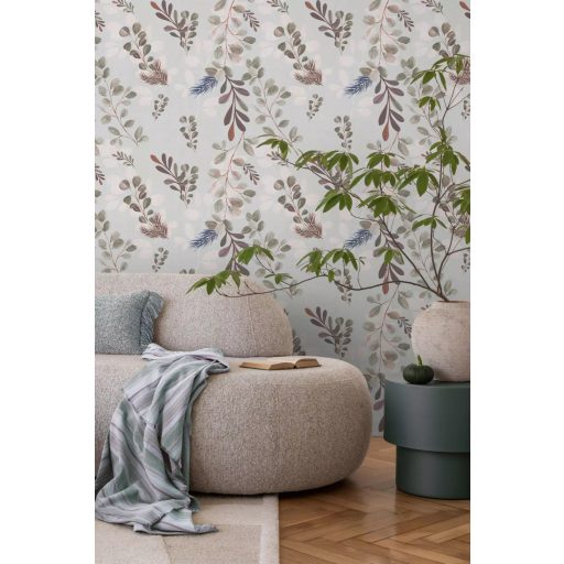 Visszafogott és megejtő szépségű botanikai minta eukaliptusz és fényőágakkal szürkés rózsaszín barna és kék tónus tapéta