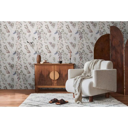 Visszafogott és megejtő szépségű botanikai minta eukaliptusz és fényőágakkal szürkés rózsaszín barna és kék tónus tapéta