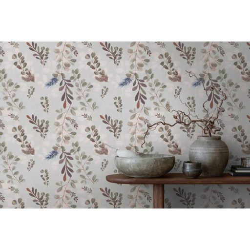 Visszafogott és megejtő szépségű botanikai minta eukaliptusz és fényőágakkal szürkés rózsaszín barna és kék tónus tapéta