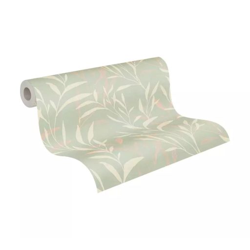 Kifinomult bambuszlevél mintázat pasztell színekben halvány menta krém/krémfehér és rózsaszín tónus tapéta