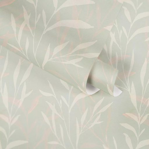 Kifinomult bambuszlevél mintázat pasztell színekben halvány menta krém/krémfehér és rózsaszín tónus tapéta