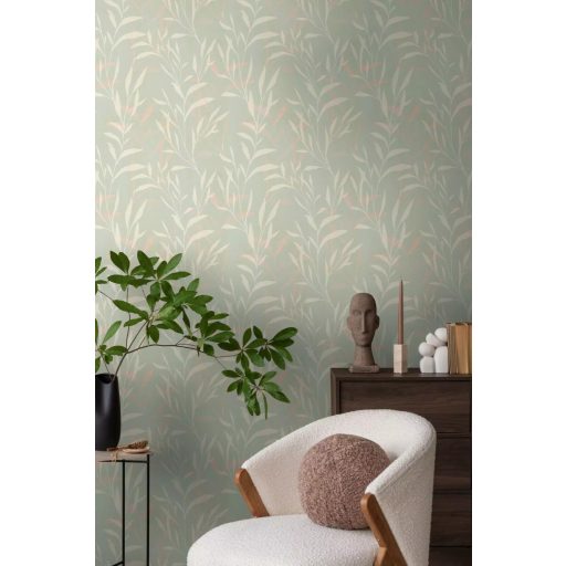Kifinomult bambuszlevél mintázat pasztell színekben halvány menta krém/krémfehér és rózsaszín tónus tapéta