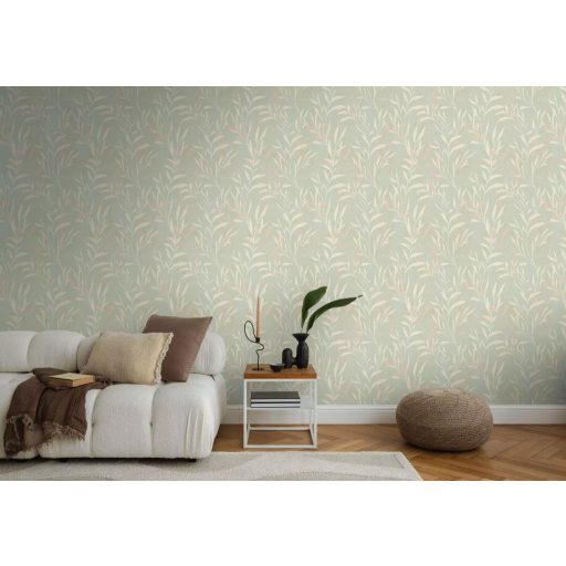 Kifinomult bambuszlevél mintázat pasztell színekben halvány menta krém/krémfehér és rózsaszín tónus tapéta