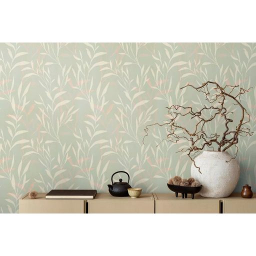Kifinomult bambuszlevél mintázat pasztell színekben halvány menta krém/krémfehér és rózsaszín tónus tapéta