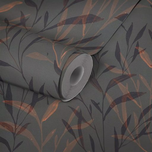 Kifinomult bambuszlevél mintázat sötét árnyalatok gazdag harmóniájában sötétszürke/szürkésbarna barna narancs és rézszín tapéta