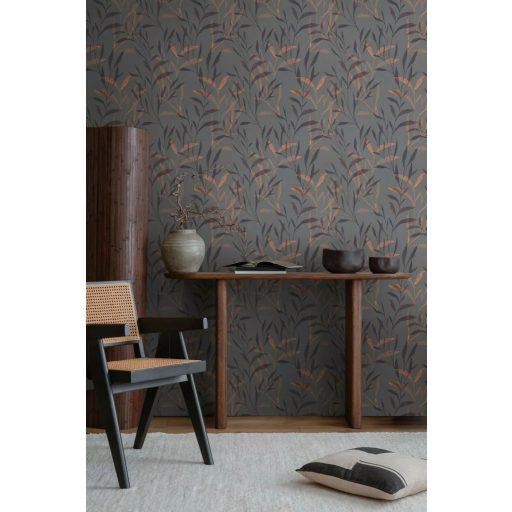 Kifinomult bambuszlevél mintázat sötét árnyalatok gazdag harmóniájában sötétszürke/szürkésbarna barna narancs és rézszín tapéta