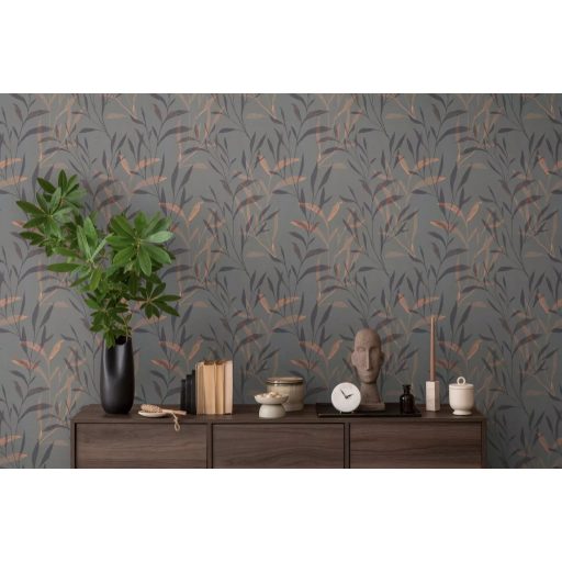 Kifinomult bambuszlevél mintázat sötét árnyalatok gazdag harmóniájában sötétszürke/szürkésbarna barna narancs és rézszín tapéta