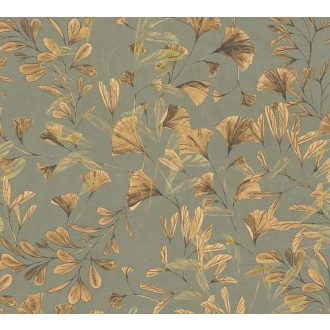   Botanikai ihletésű stilizált gingkolevél design szürkészöld aranyló bézs és barna tónus tapéta