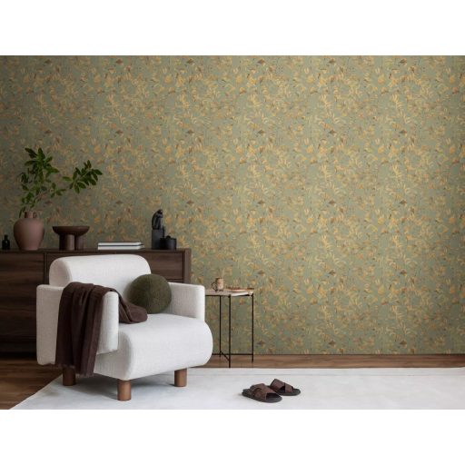 Botanikai ihletésű stilizált gingkolevél design szürkészöld aranyló bézs és barna tónus tapéta