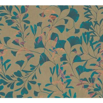   Botanikai ihletésű stilizált gingkolevél design aranyló bézs türkiz és korall-rózsaszín tónus tapéta