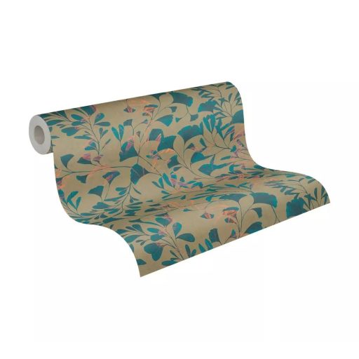 Botanikai ihletésű stilizált gingkolevél design aranyló bézs türkiz és korall-rózsaszín tónus tapéta