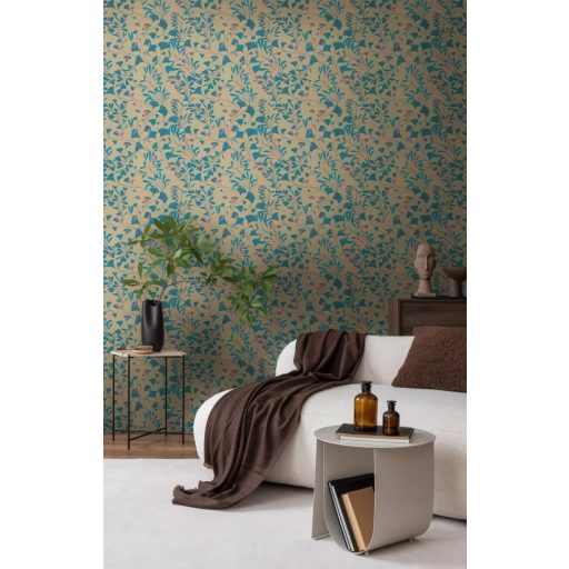 Botanikai ihletésű stilizált gingkolevél design aranyló bézs türkiz és korall-rózsaszín tónus tapéta