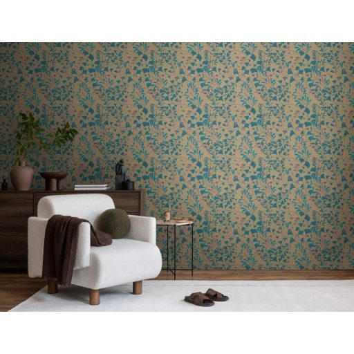 Botanikai ihletésű stilizált gingkolevél design aranyló bézs türkiz és korall-rózsaszín tónus tapéta