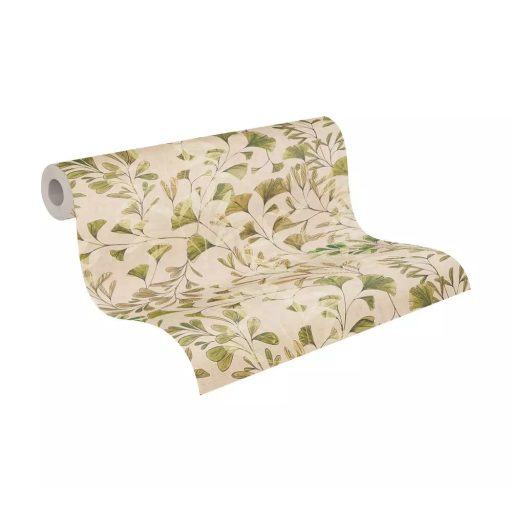 Botanikai ihletésű stilizált gingkolevél design krémfehér élénk zöld bézs és bézsarany tónus tapéta