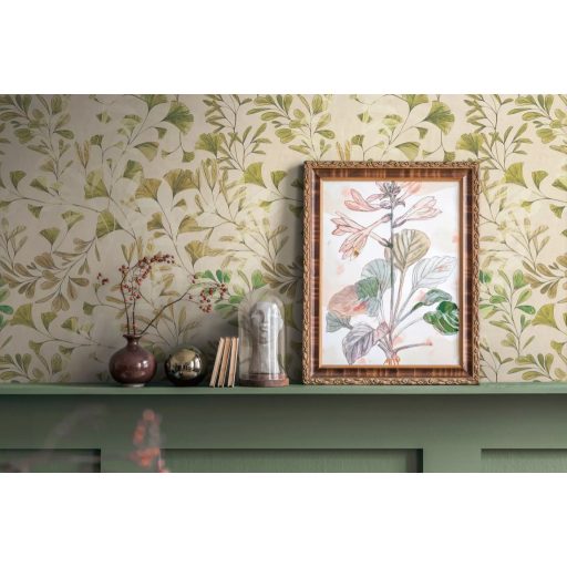 Botanikai ihletésű stilizált gingkolevél design krémfehér élénk zöld bézs és bézsarany tónus tapéta