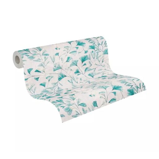 Botanikai ihletésű stilizált gingkolevél design fehér/szürkésfehér akvarell zöldes-kék és szürke tónus tapéta