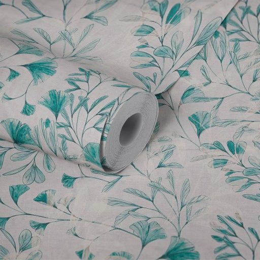 Botanikai ihletésű stilizált gingkolevél design fehér/szürkésfehér akvarell zöldes-kék és szürke tónus tapéta