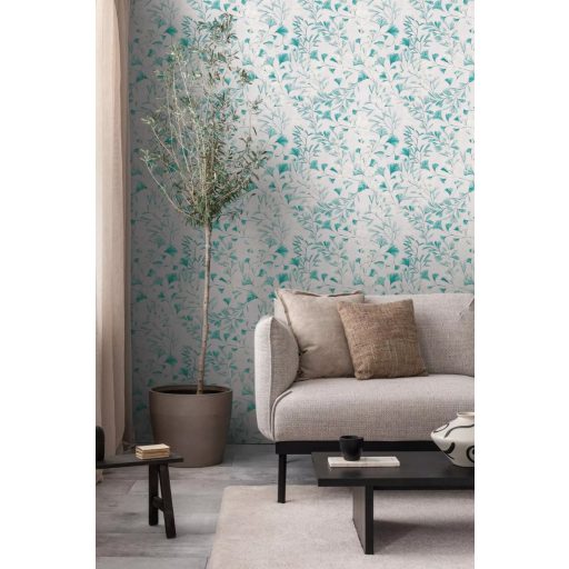 Botanikai ihletésű stilizált gingkolevél design fehér/szürkésfehér akvarell zöldes-kék és szürke tónus tapéta