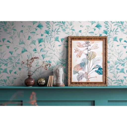 Botanikai ihletésű stilizált gingkolevél design fehér/szürkésfehér akvarell zöldes-kék és szürke tónus tapéta