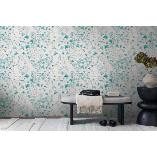 Botanikai ihletésű stilizált gingkolevél design fehér/szürkésfehér akvarell zöldes-kék és szürke tónus tapéta