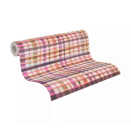 Nagyléptékű és színes textilhatású kockás struktúrminta rózsaszín barack bézs narancs és lila tónus tapéta